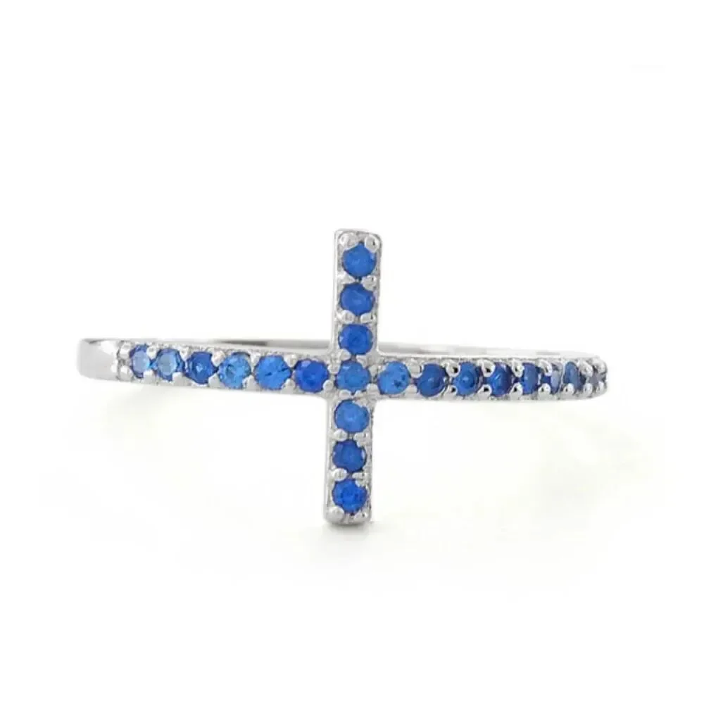 925 Sterling Silver Cross Ring Blue Sapphire CZ Band Sideways Faith Jewelry NEW